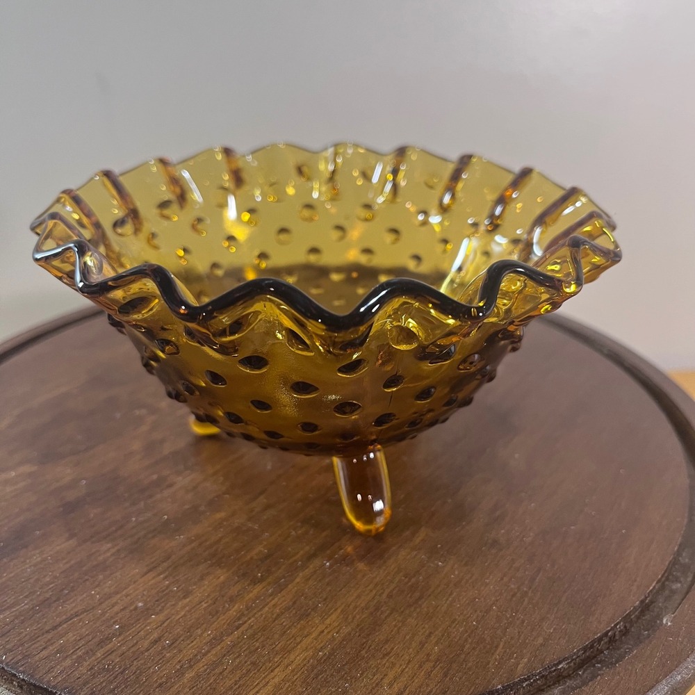Vtg LE Smith Amber Hobnail Glass Bowl Ruffled Crimped Rim Three Footed 6" Dish
